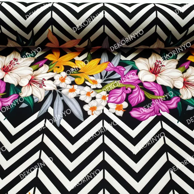 Çiçekli Siyah Zigzag Kumaş