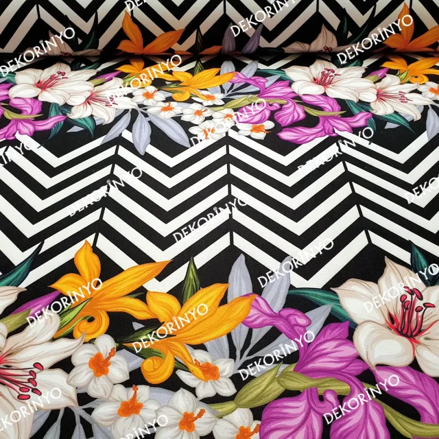 Çiçekli Siyah Zigzag Kumaş