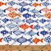 Mavi Turuncu Suluboya Balıklar Desenli Kumaş