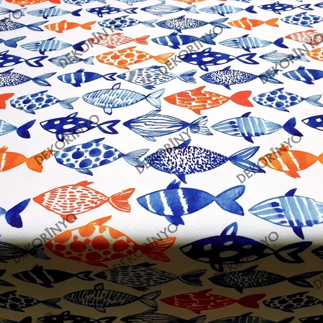 Mavi Turuncu Suluboya Balıklar Desenli Kumaş