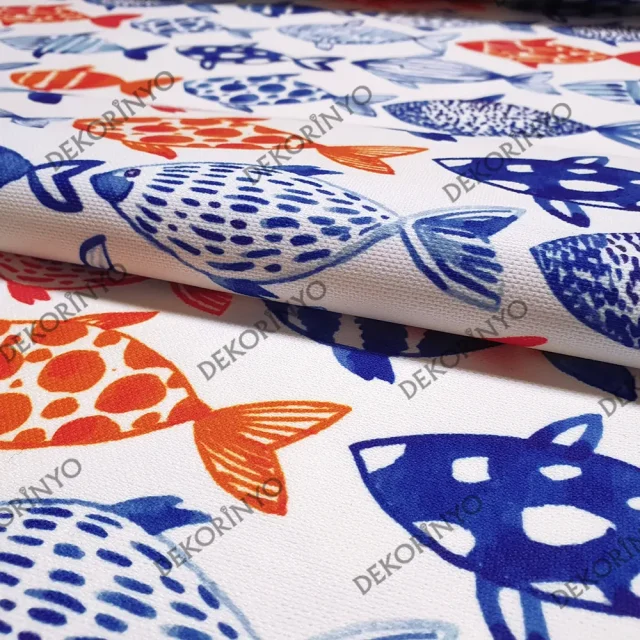 Mavi Turuncu Suluboya Balıklar Desenli Kumaş