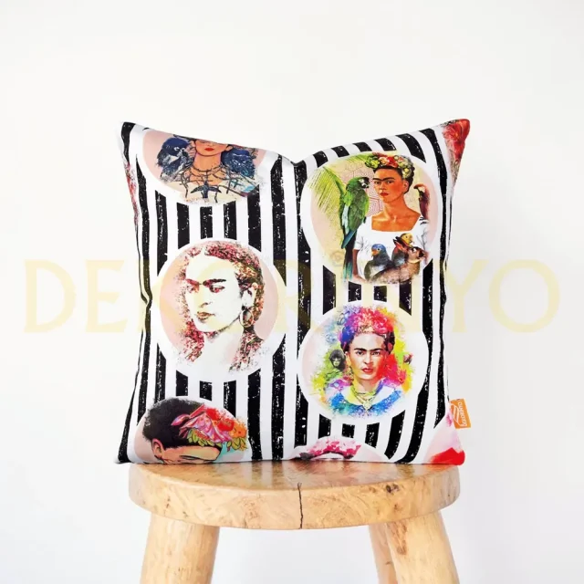 Çizgili Frida Kahlo Desenli Kırlent