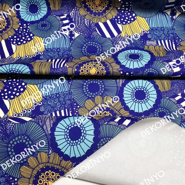 Lacivert Afrika Çiçekleri Desenli Kumaş