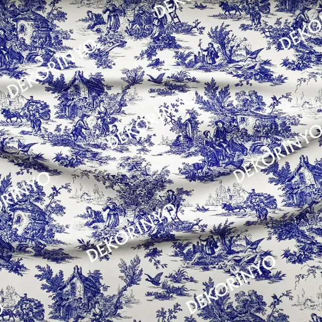 Retro Bleu Blanc Desenli Kumaş