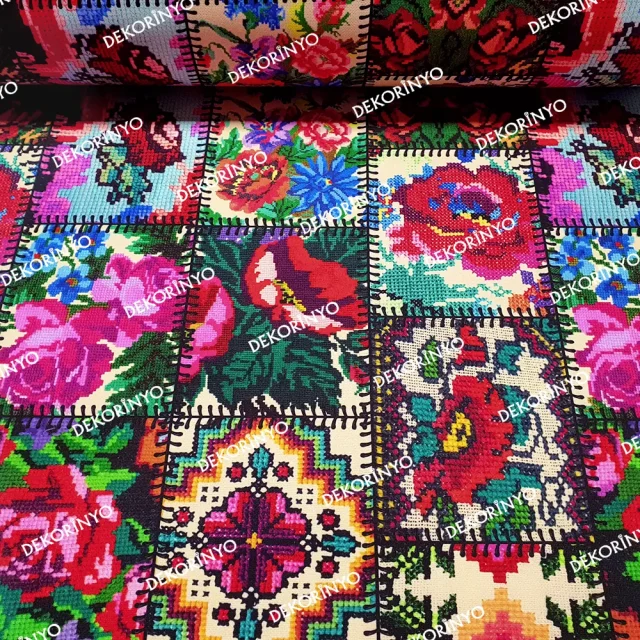 Kanaviçe Patchwork Desenli Kumaş