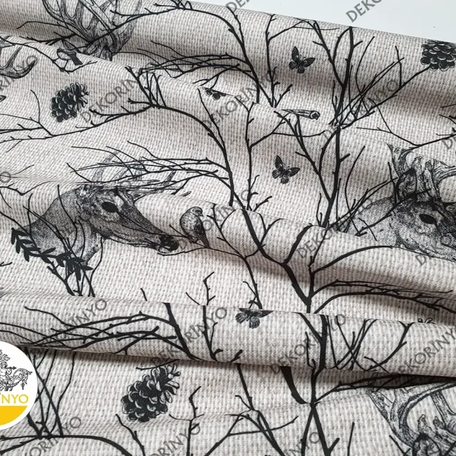 Alternative view of Keten Efektli Geyik ve Kuşlar Desenli Kumaş