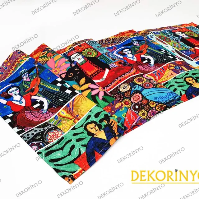 Frida Kahlo Desenli Dekoratif Runner