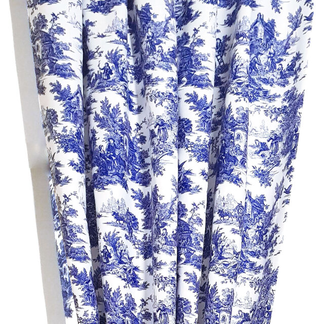 Retro Bleu Blanc Desenli Fon Perde