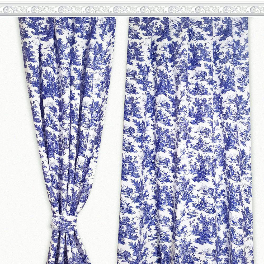 Retro Bleu Blanc Desenli Fon Perde