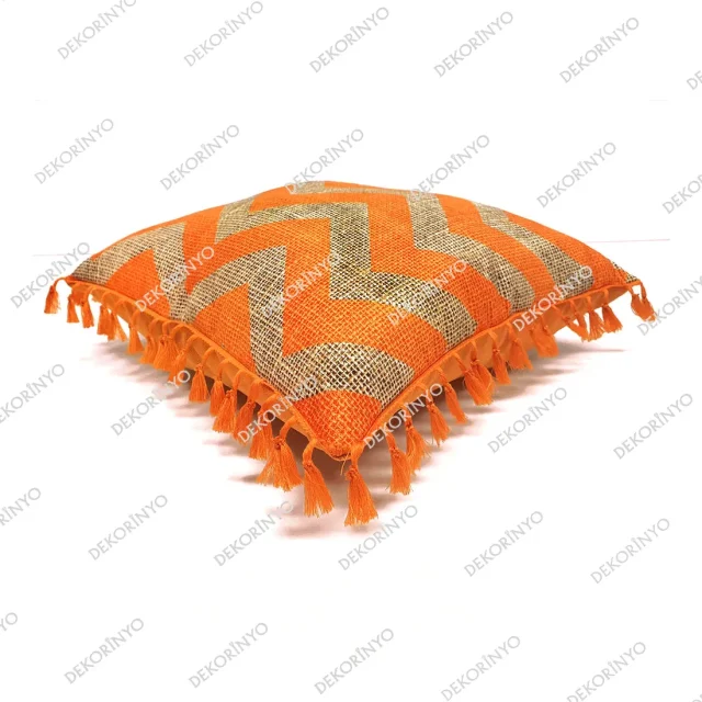 Turuncu Zigzag Desenli Püsküllü Dekoratif Kırlent