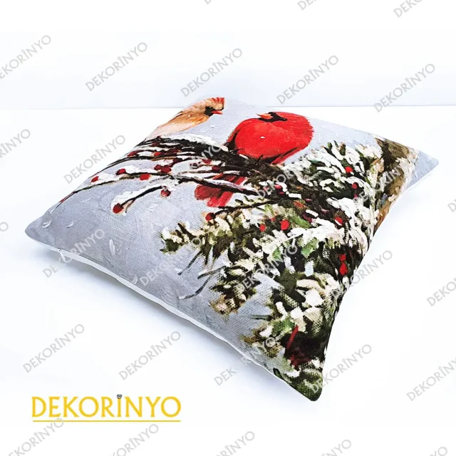 Kardinal Kuşu Desenli Dekoratif Kırlent
