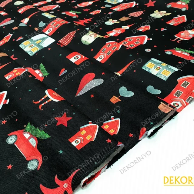 Siyah Zeminli Yılbaşı Desenli Döşemelik Kumaş