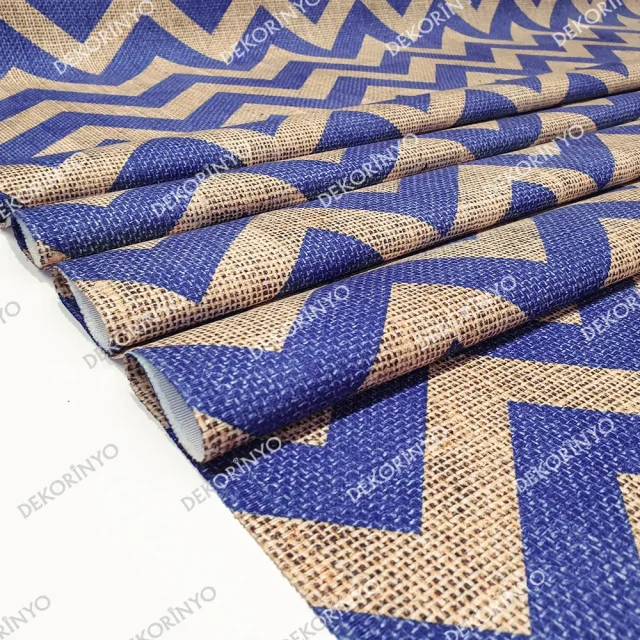 Çuval Zeminli Lacivert Zigzag Döşemelik Kumaş