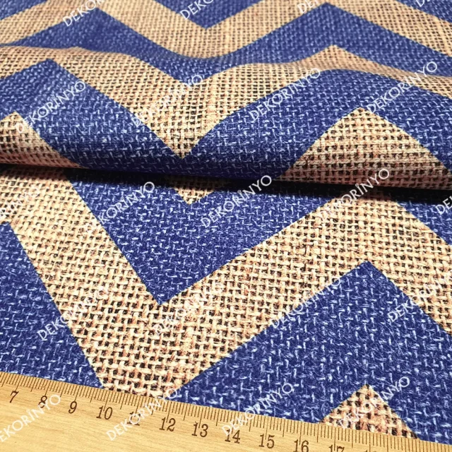 Çuval Zeminli Lacivert Zigzag Döşemelik Kumaş