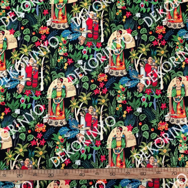 Siyah Zeminli Frida Kahlo Bahçesi Döşemelik Kumaş
