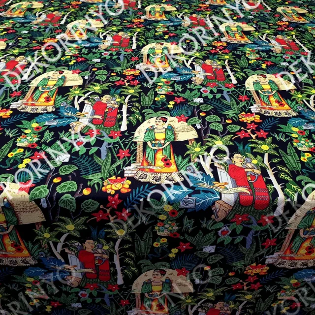 Siyah Zeminli Frida Kahlo Bahçesi Döşemelik Kumaş