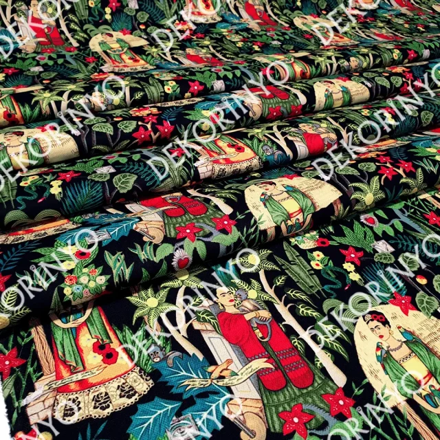 Siyah Zeminli Frida Kahlo Bahçesi Döşemelik Kumaş