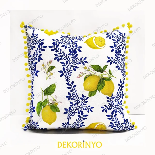 Limon Çiçeği Desenli Ponponlu Yastık