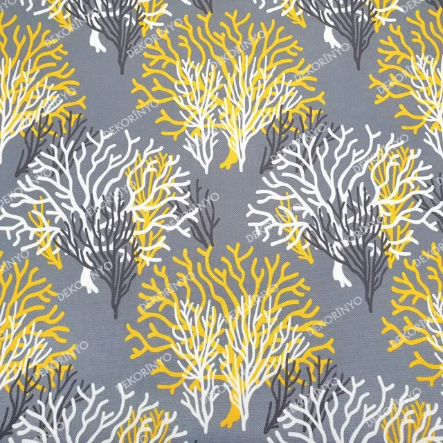 Beyaz Sarı Mercan Desenli Döşemelik Kumaş