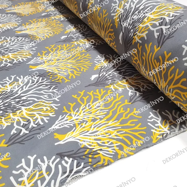 Beyaz Sarı Mercan Desenli Döşemelik Kumaş