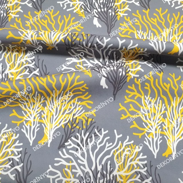 Beyaz Sarı Mercan Desenli Döşemelik Kumaş