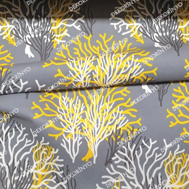 Beyaz Sarı Mercan Desenli Döşemelik Kumaş