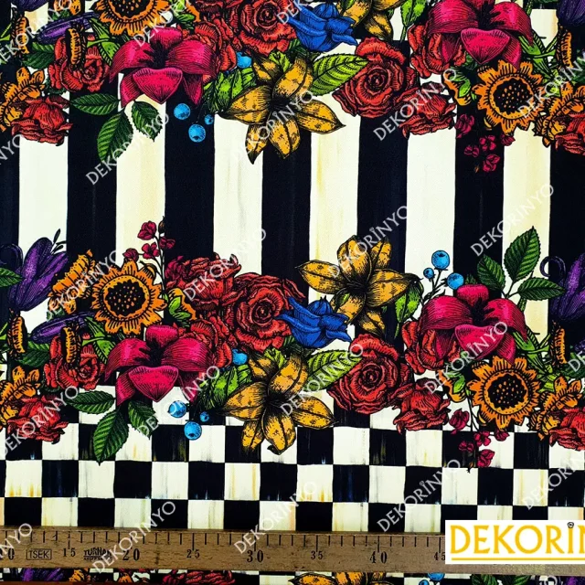 Damalı Çizgili Çiçek Desenli Döşemelik Kumaş