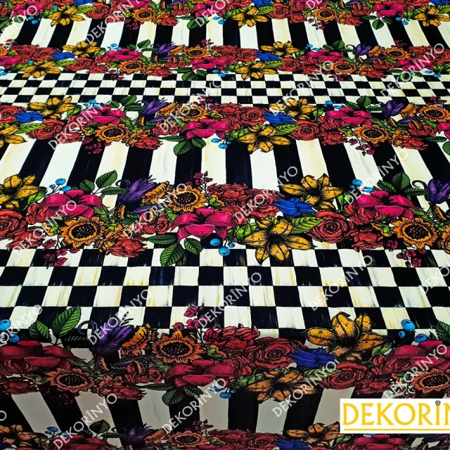 Damalı Çizgili Çiçek Desenli Döşemelik Kumaş