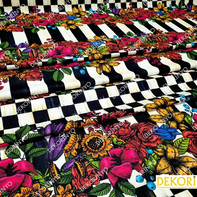 Damalı Çizgili Çiçek Desenli Döşemelik Kumaş