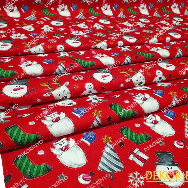 Noel Baba ve Kardan Adam Desenli Kumaş