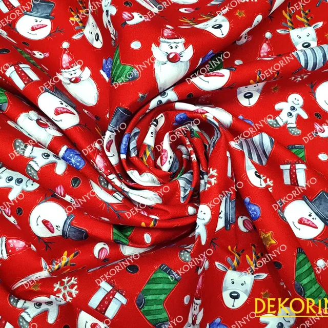 Noel Baba ve Kardan Adam Desenli Kumaş