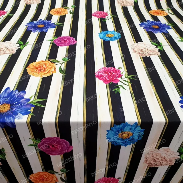 Çizgili Çiçek Desenli Döşemelik Kumaş