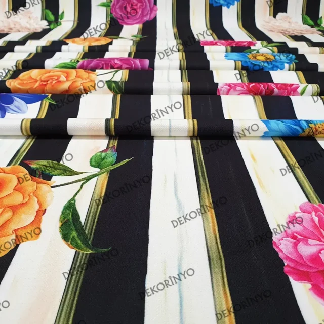 Çizgili Çiçek Desenli Döşemelik Kumaş