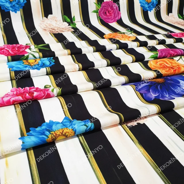 Çizgili Çiçek Desenli Döşemelik Kumaş