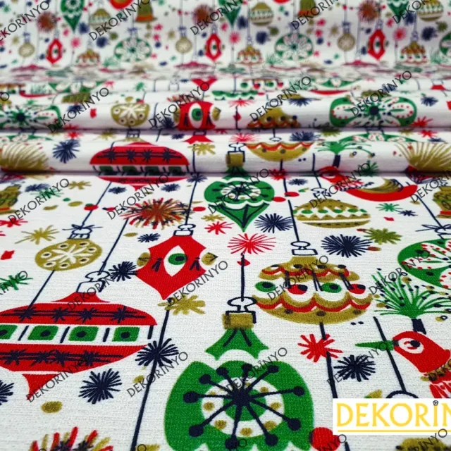 Yılbaşı Süsleri ve Kuşlar Desenli Kumaş