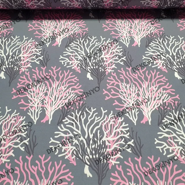 Beyaz Pembe Mercan Desenli Döşemelik Kumaş