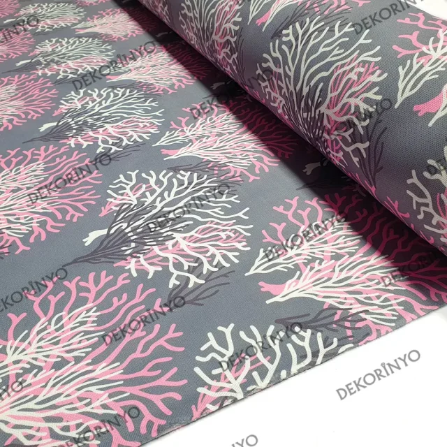 Beyaz Pembe Mercan Desenli Döşemelik Kumaş