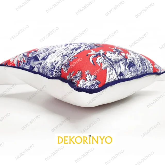 Canlı Mercan Renkli Bleu Blanc Desenli Yastık