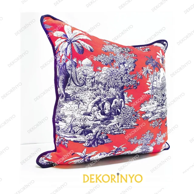 Canlı Mercan Renkli Bleu Blanc Desenli Yastık