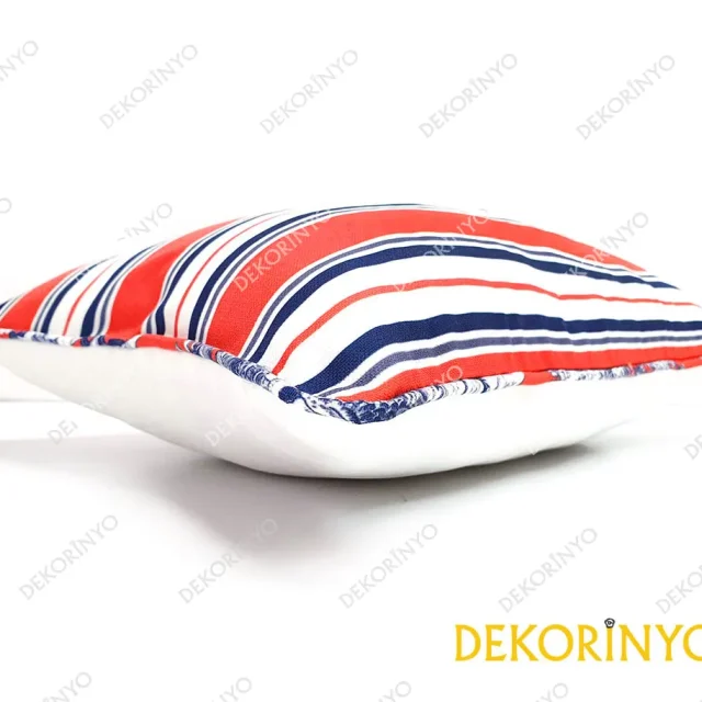 Canlı Mercan Renkli Çizgili Biyeli Dikdörtgen Kırlent