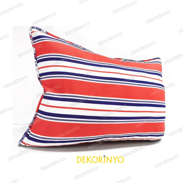 Canlı Mercan Renkli Çizgili Biyeli Dikdörtgen Kırlent