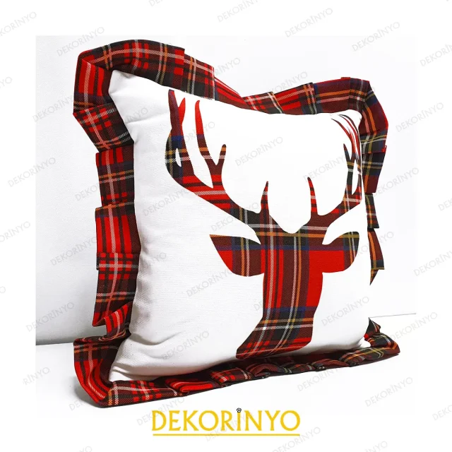 Ekose Geyik Desenli Fırfırlı Kırlent