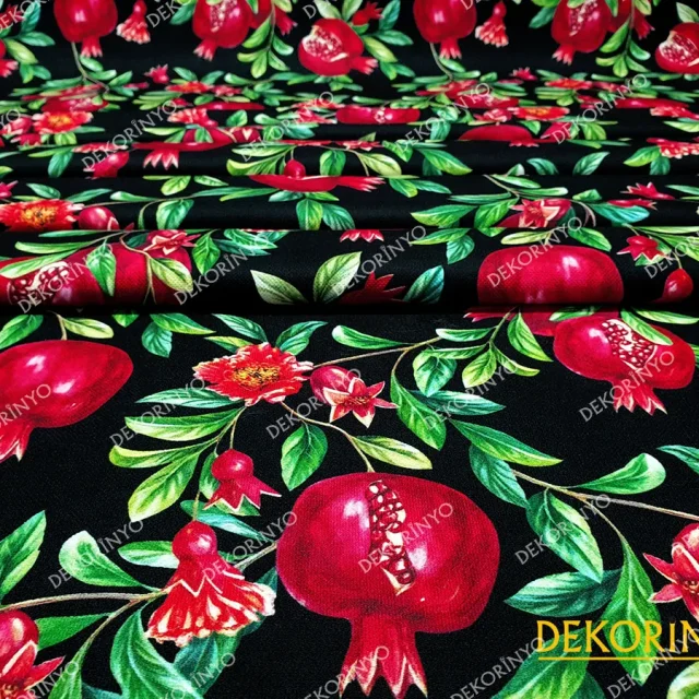 Siyah Zeminli Nar Desenli Döşemelik Kumaş