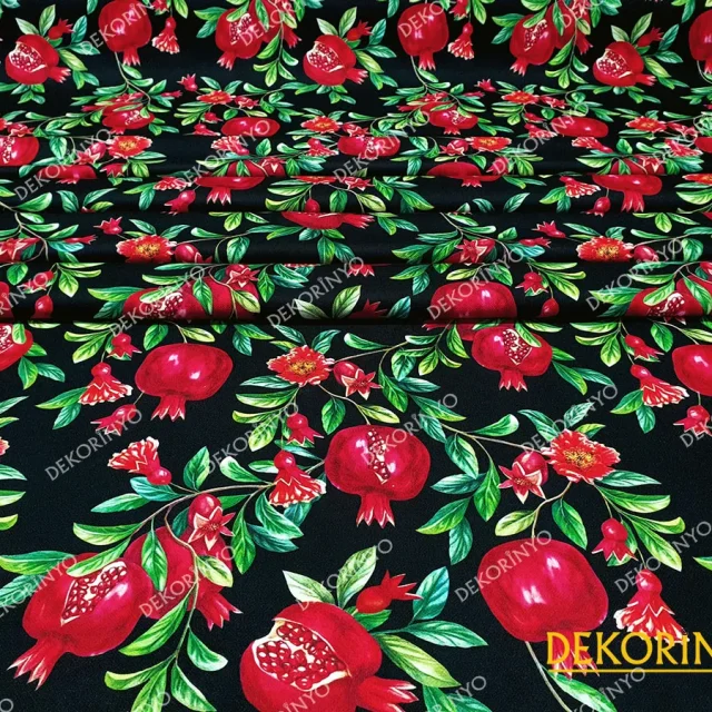 Siyah Zeminli Nar Desenli Döşemelik Kumaş