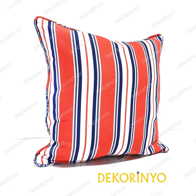 Canlı Mercan Renkli Çizgili Biyeli Kırlent