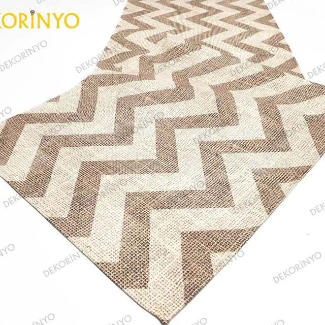 Çuval Görünümlü Krem Zigzag Desenli Runner