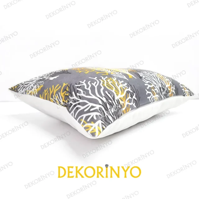 Beyaz Sarı Mercan Desenli Dikdörtgen Kırlent