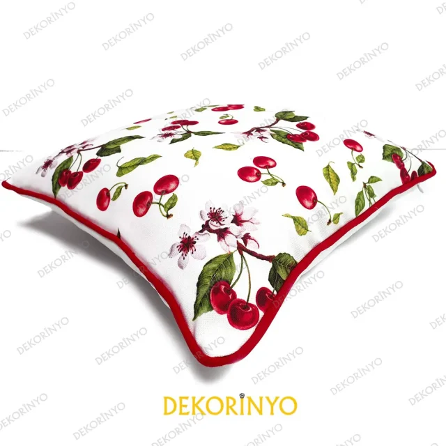 Kiraz Desenli Biyeli Yastık