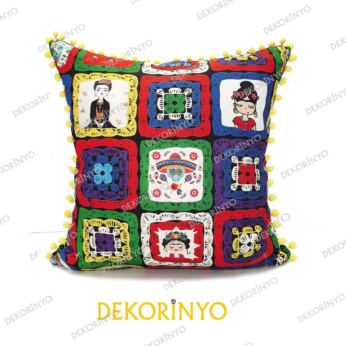 Örgü Efektli Frida Kahlo Desenli Kırlent