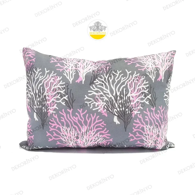 Beyaz Pembe Mercan Desenli Dikdörtgen Kırlent